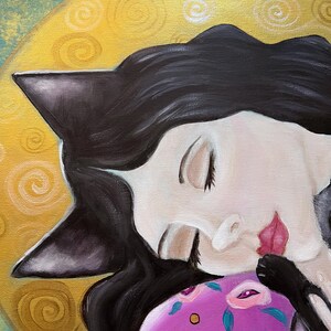 May include: An acrylic painting of a woman with black cat ears and black hair, resting her head on a purple pillow with white and pink floral designs. The background features a yellow circle with swirling patterns and a teal sky.