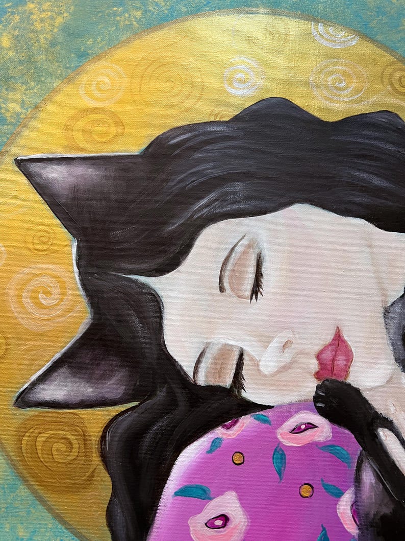 May include: An acrylic painting of a woman with black cat ears and black hair, resting her head on a purple pillow with white and pink floral designs. The background features a yellow circle with swirling patterns and a teal sky.
