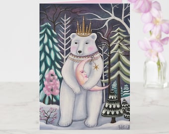 Polar Bear and Moon Romantic Customizable Greeting Card, Birthday, Anniversary, Valentine's Day!