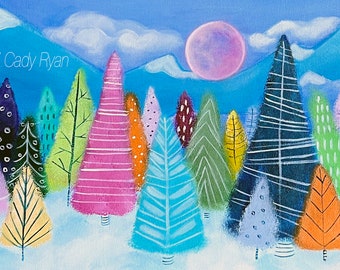 Whimsical Winter Forest Landscape Art Print, 4 Sizes!