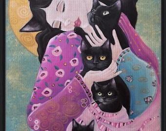 Whimsical Black Cats Framed Art Canvas Print, 24" x 36", Cat Lovers, Cat Lady