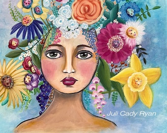 Woman and Flowers Whimsical Art Print, 4 Sizes!