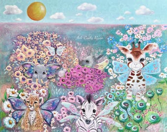 Baby Animals in the Flowers Whimsical Art Poster Print, 4 Sizes!