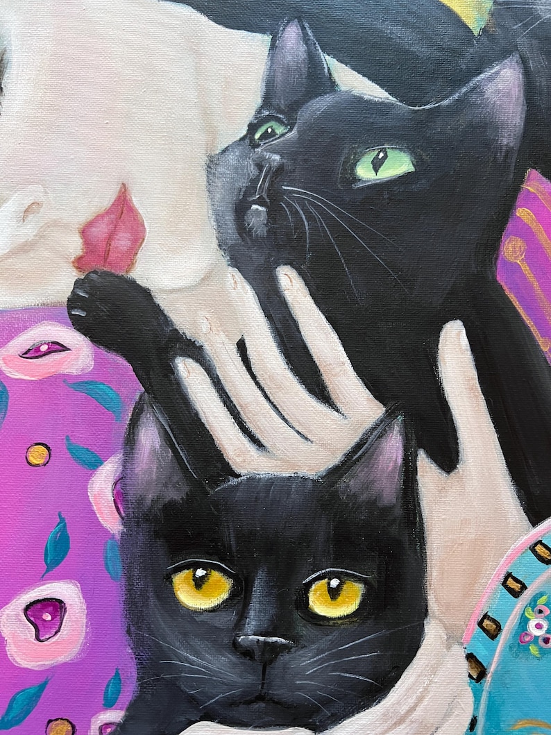 May include: An oil painting featuring two black cats with yellow and green eyes. The cats are set against a background of a person's face and a purple floral pattern. The painting has a whimsical and artistic style.