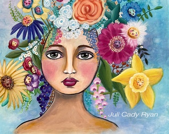 Woman and Flowers Whimsical Acrylic Painting on Canvas, 20" x 20"