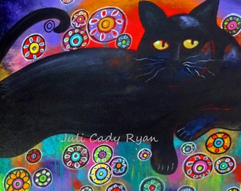 Black Cat and Flowers Whimsical Print in 4 sizes!
