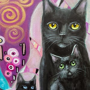 May include: An artistic painting featuring three black cats with expressive eyes. The cats are set against a backdrop of swirling gold and purple patterns, with pink and teal accents. The cats' eyes are yellow, green, and blue.
