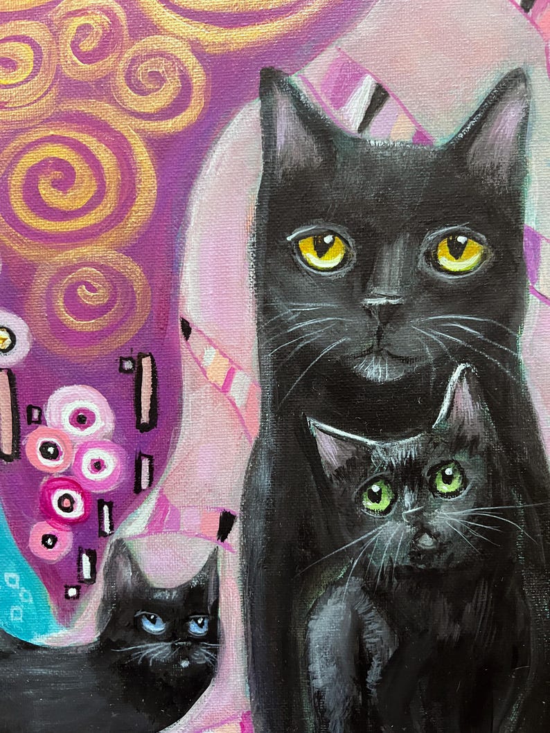 May include: An artistic painting featuring three black cats with expressive eyes. The cats are set against a backdrop of swirling gold and purple patterns, with pink and teal accents. The cats' eyes are yellow, green, and blue.