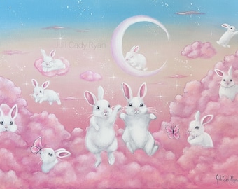 White Bunnies in Pink Clouds Canvas Painting, 24" x 18"