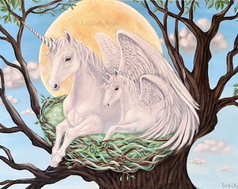 Flying Unicorns Mother and Baby Canvas Painting, 24" x 18"