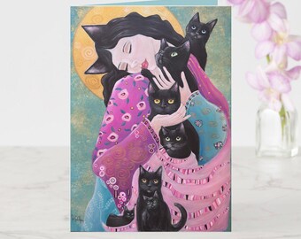 Customizable Black Cats, Cat Lady Greeting Card for Birthdays, Halloween, Anniversary, etc.