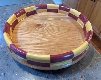 Plato giratorio Lazy Susan de 14 pulgadas, herrajes de alta resistencia. Fabricado con madera Purple Heart y PAU Amarello de Brasil.