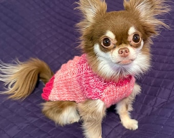 May include: A small, long-haired Chihuahua wearing a pink and red knitted sweater. The dog has brown and white fur, with large, expressive eyes. The background is a dark purple, textured surface.