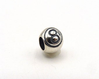 Sterling Silver Number 8 Large Hole Bead, Bracelet, Necklace, 925, Billiards Eight Ball, European Style