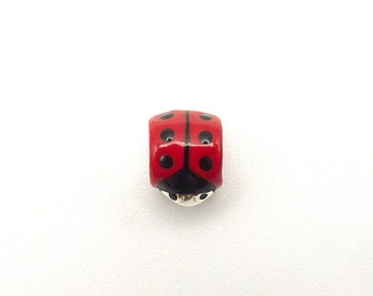Sterling Silver Lady Bug Red and Black Enamel Large Hole Bracelet Bead, Necklace, 925, European Style