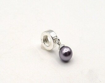 Sterling Silver Large Hole Bead with Lavender Faux Pearl Dangle for Bracelet, Necklace, Earrings, 925, European Style