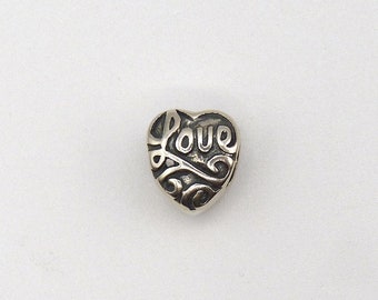 Sterling Silver Love Heart Large Hole Oxidized Bead, Bracelet, Necklace, 925, European Style