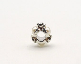 Sterling Silver Three White Faux Pearl and Flower Large Hole Bracelet Bead, 925, European Style
