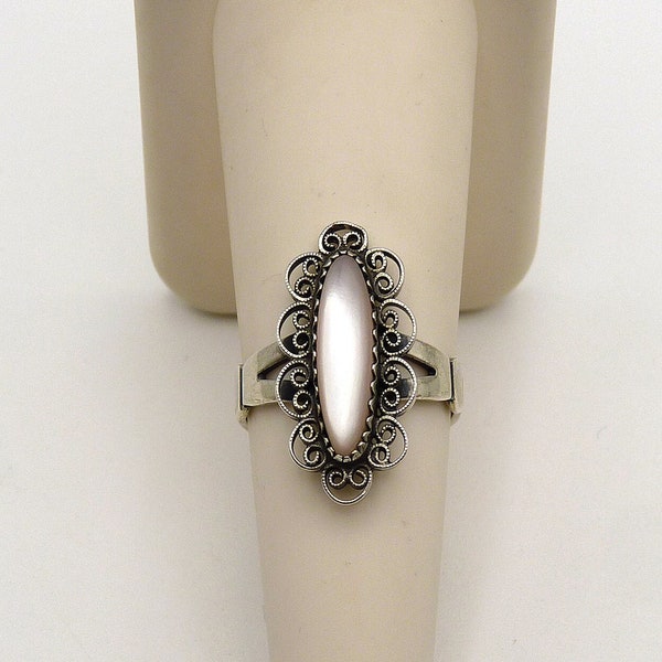 Vintage Pink Mother of Pearl Sterling Silver Filigree Scroll Ring Size 6, Estate