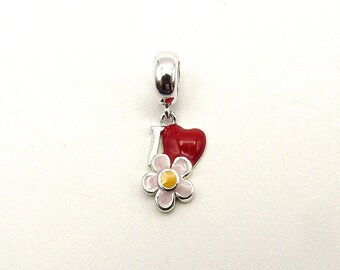 Sterling Silver Large Hole Bead with Red Heart and Pink Flower Dangle, Bracelet, Necklace, Earring, 925, European Style