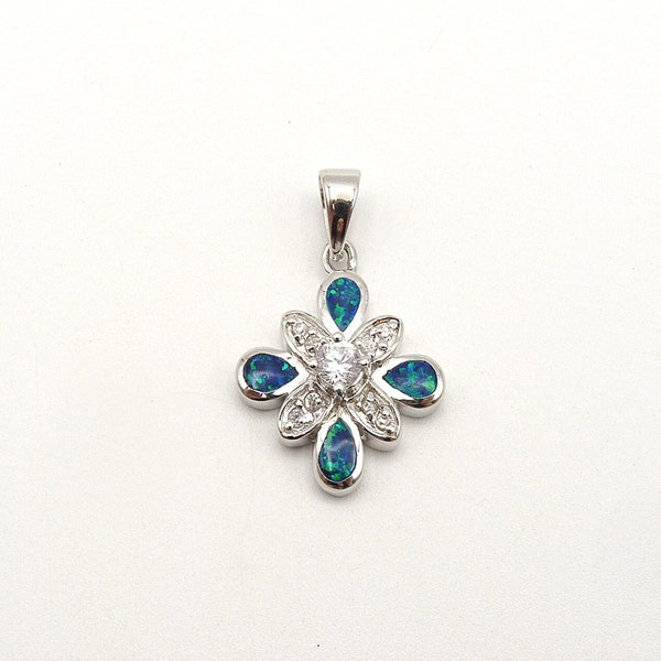 Vintage Small CZ and Faux Blue Opal Inlay Sterling Silver Multi Stone Flower Pendant, 925, Estate