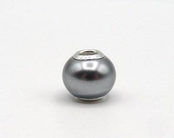 Sterling Silver Grey Faux Pearl Large Hole Bead, Bracelet, Necklace, 925, European Style