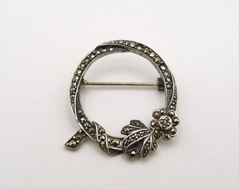 Vintage Multi Stone Marcasite Sterling Silver Floral Leaf and Ribbon Wreath Brooch Pin, 925, Estate, FAS