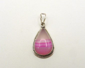 Vintage Pink and White Banded Agate Sterling Silver Teardrop Pear Pendant, 925, Estate