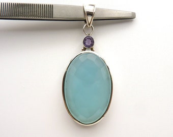 Vintage Large Faceted Blue Chalcedony and Amethyst Sterling Silver Pendant, 925, Estate