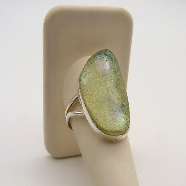 Vintage Light Yellow Ancient Roman Glass Freeform Sterling Silver Ring Size 12 1/4, Green Blue Pink Iridescence, 925, Estate,