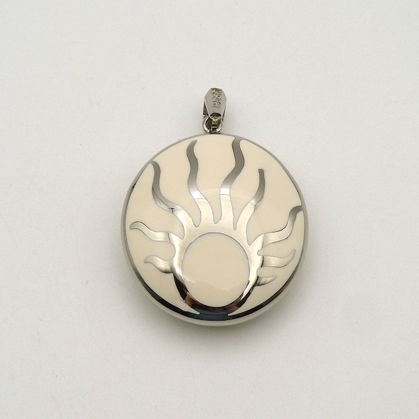 Vintage Stainless Steel Sun Pendant White Enamel and Diamond Accent Puffed Round, Reversible, April Birthstone, Estate