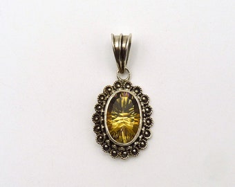 Vintage Sterling Silver Pink Mystic Yellow Citrine Ornate Pendant, 925, November Birthstone, Estate