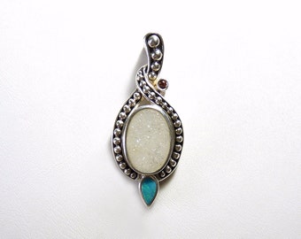 Vintage Sterling Silver White Druzy, Blue Green Opal and Red Garnet Multi Stone Designer Whitney Kelly Pendant, QVC, 925, Estate