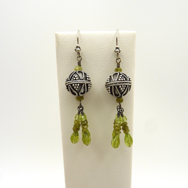 Vintage Peridot and Vesuvianite Idocrase Sterling Silver Dangle Earrings with Oxidized Ornate Bali Silver Beads, 925, Multi Stone, Estate