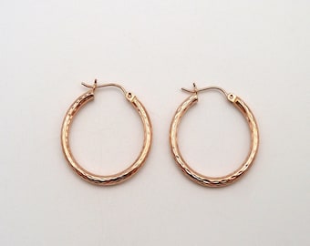 Vintage 14k Rose Gold 1 Inch 26mm Diamond Cut Hoop Earrings, Estate