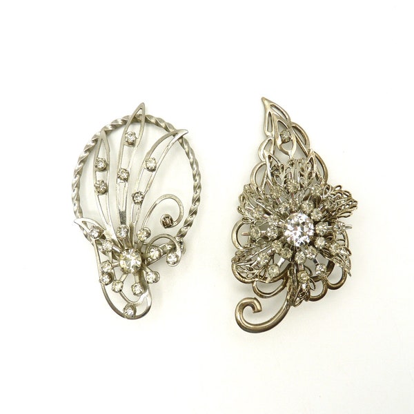 Vintage Silver Tone and Clear Rhinestone Pin Brooch Set of Two, Leaf, Wreath Foral, Multi Stone, Estate