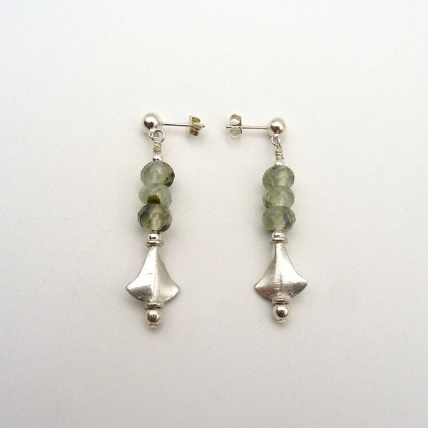 Vintage Sterling Silver Faceted Green Prehnite Ball Post Dangle Earrings, 925, Estate