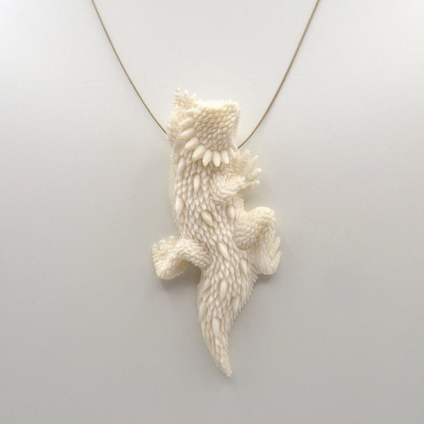 Hand Carved Horn White Thorny Lizard Pendant, Thorned Frog, Jewelry Making, Necklace