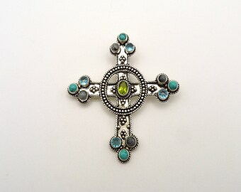 Vintage Sterling Silver Gothic Medieval Style Cross Multi Stone Pendant, Gemstone, Glass, Estate