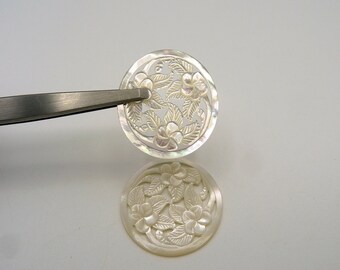 Hand Carved White Mother of Pearl Floral Discs Set of Two, Polished, Jewelry Making, Earrings, Pendant