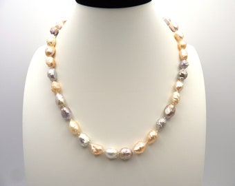 Vintage Baroque Multi Color Druzy Bumpy Pearls Hand Knotted Necklace, Natural, Meteorite, Barbed, Rosebud, Estate, June Birthstone