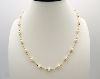 Vintage 14k Yellow Gold and White Cultured Pearl 18 Inch Station Necklace, June Birthstone, Estate