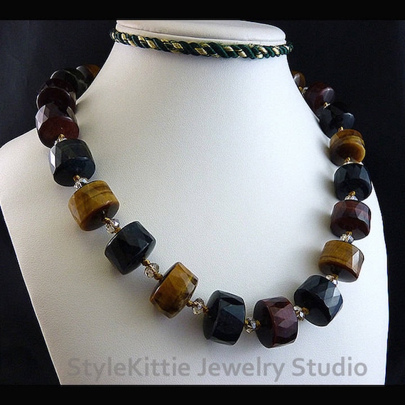 Dark Brown Spiral Knotted Necklace with Tiger/'s Eye Cross Pendant