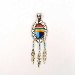 Vintage Sterling Silver Multi Gemstone Inlay Feather Pendant, 925, Navajo Signed RB, Estate