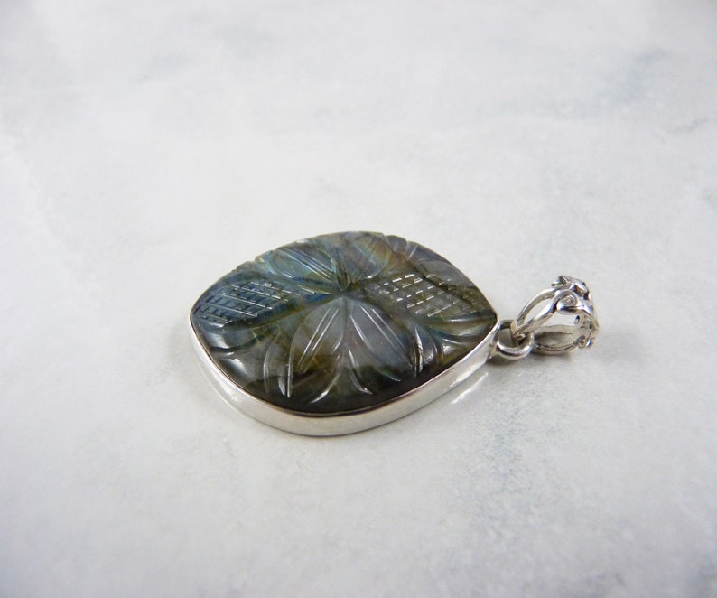 Rainbow Labradorite Sterling Silver Carved Flower and Leaf Pendant Genuine Gemstone Natural Multi Color