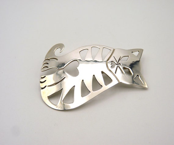 Vintage Sterling Silver Tabby Cat and Heart Brooc… - image 5