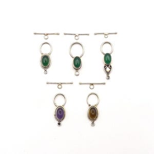 Five Sterling Silver Small Toggle Clasps with Stones, Green Onyx, Tiger Eye, Amethyst, Jewelry Supply Destash