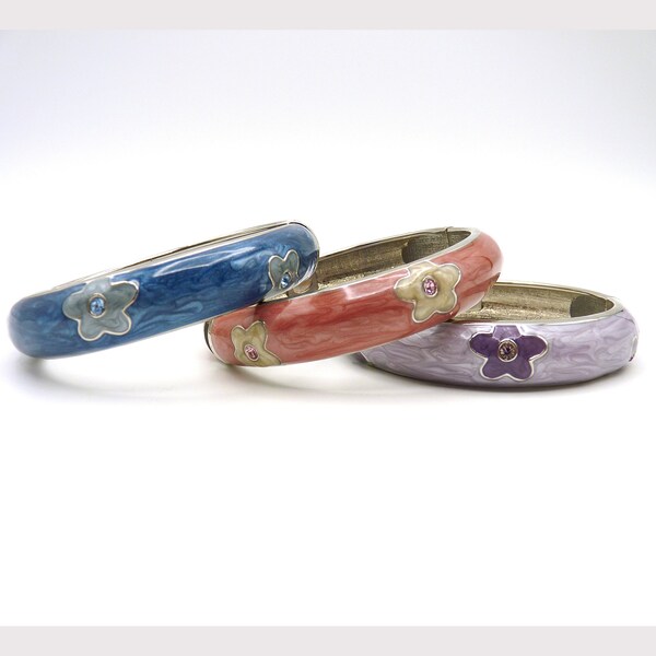 Vintage Hinged Enamel and Rhinestone Floral Bangle Bracelet Set of Three, Purple, Blue, Pink, Silver Tone, Estate