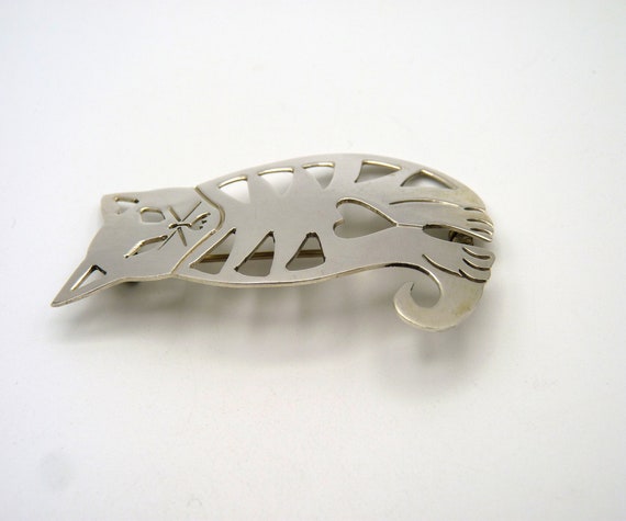 Vintage Sterling Silver Tabby Cat and Heart Brooc… - image 3