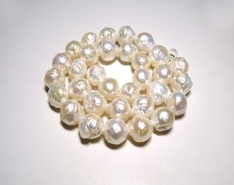 White Kasumi Like Nucleated Rippled Baroque Pearl Bead Strand, 14mm to 12mm, Rainbow Iridescent Lustrous, Wrinkly Bumpy